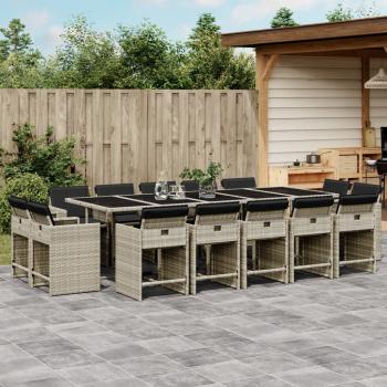 ARDEBO.de - 15-tlg. Garten-Essgruppe mit Kissen Hellgrau Poly Rattan