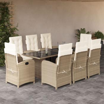 ARDEBO.de - 9-tlg. Garten-Essgruppe mit Kissen Beige Poly Rattan