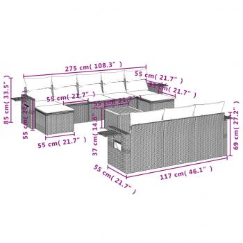 11-tlg. Garten-Sofagarnitur mit Kissen Schwarz Poly Rattan