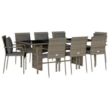 9-tlg. Garten-Essgruppe mit Kissen Grau Poly Rattan