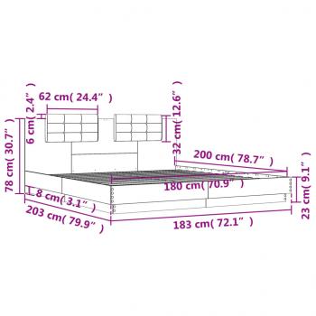 Bettgestell mit Kopfteil und LED-Leuchten Grau Sonoma 180x200cm