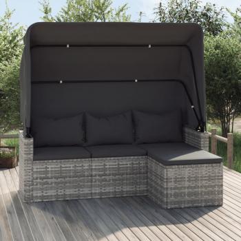 ARDEBO.de - 3-Sitzer-Gartensofa mit Dach und Fußhocker Grau Poly Rattan