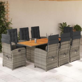 ARDEBO.de - 9-tlg. Garten-Essgruppe mit Kissen Grau Poly Rattan