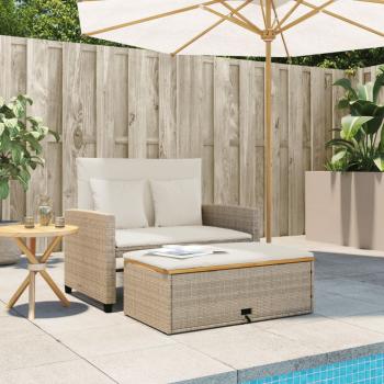 Gartensofa mit Kissen 2-Sitzer Beige Poly Rattan & Akazienholz