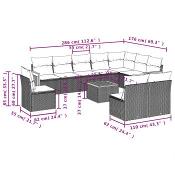 11-tlg. Garten-Sofagarnitur mit Kissen Schwarz Poly Rattan