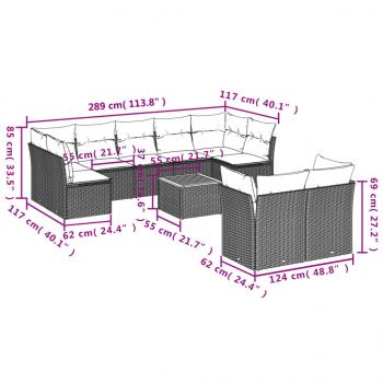 10-tlg. Garten-Sofagarnitur mit Kissen Schwarz Poly Rattan