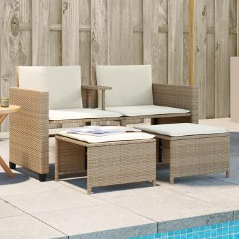 ARDEBO.de - Gartensofa 2-Sitzer mit Tisch und Hockern Beige Poly Rattan