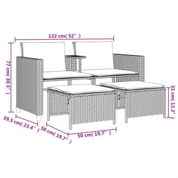 Gartensofa 2-Sitzer mit Tisch und Hockern Braun Poly Rattan