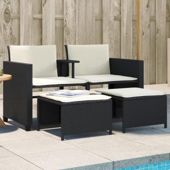 ARDEBO.de - Gartensofa 2-Sitzer mit Tisch und Hockern Schwarz Poly Rattan