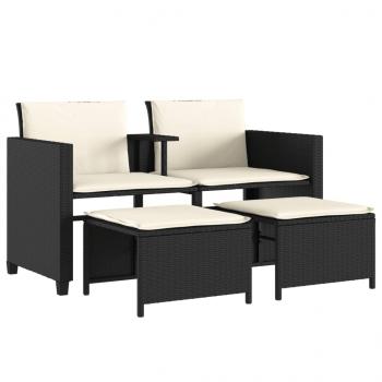 Gartensofa 2-Sitzer mit Tisch und Hockern Schwarz Poly Rattan