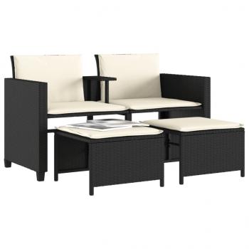 Gartensofa 2-Sitzer mit Tisch und Hockern Schwarz Poly Rattan