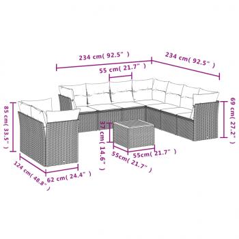 11-tlg. Garten-Sofagarnitur mit Kissen Schwarz Poly Rattan