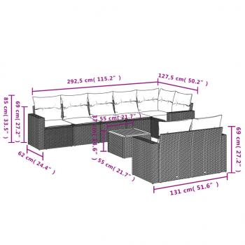 9-tlg. Garten-Sofagarnitur mit Kissen Schwarz Poly Rattan