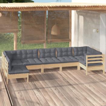 ARDEBO.de - 7-tlg. Garten-Lounge-Set mit Grauen Kissen Kiefernholz