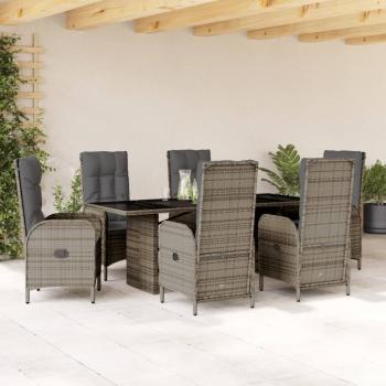 ARDEBO.de - 7-tlg. Garten-Essgruppe mit Kissen Grau Poly Rattan