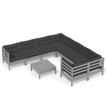 9-tlg. Garten-Lounge-Set mit Kissen Grau Kiefernholz