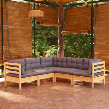 ARDEBO.de - 5-tlg. Garten-Lounge-Set mit Grauen Kissen Kiefer Massivholz