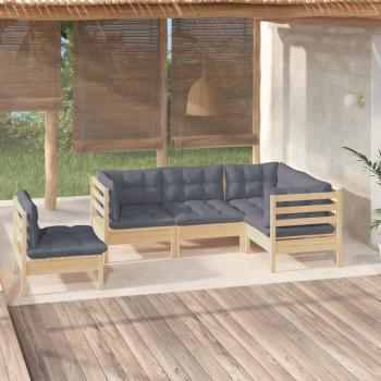 ARDEBO.de - 5-tlg. Garten-Lounge-Set mit Grauen Kissen Kiefernholz