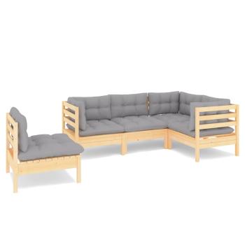 5-tlg. Garten-Lounge-Set mit Grauen Kissen Kiefernholz