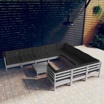 ARDEBO.de - 11-tlg. Garten-Lounge-Set mit Kissen Grau Kiefernholz