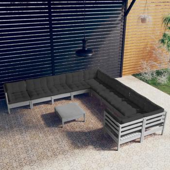 ARDEBO.de - 11-tlg. Garten-Lounge-Set mit Kissen Grau Kiefernholz