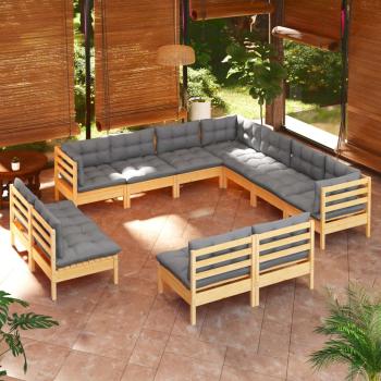 ARDEBO.de - 11-tlg. Garten-Lounge-Set mit Grauen Kissen Massivholz Kiefer