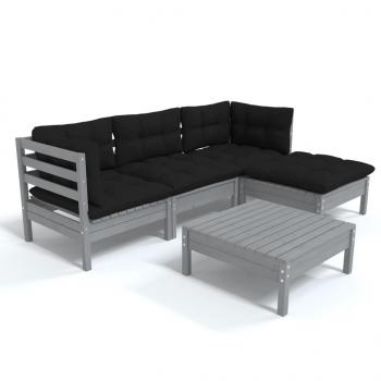 5-tlg. Garten-Lounge-Set mit Kissen Grau Kiefernholz