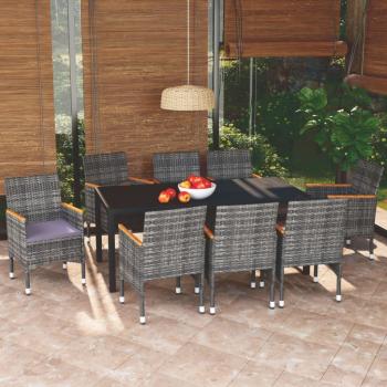 ARDEBO.de - 9-tlg. Garten-Essgruppe mit Kissen Poly Rattan Grau 