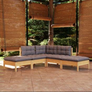 ARDEBO.de - 5-tlg. Garten-Lounge-Set mit Grauen Kissen Kiefernholz