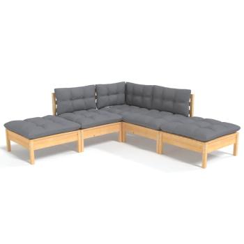 5-tlg. Garten-Lounge-Set mit Grauen Kissen Kiefernholz