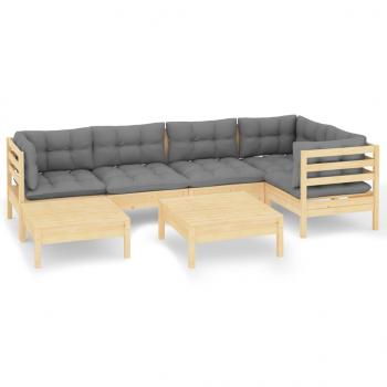 7-tlg. Garten-Lounge-Set mit Grauen Kissen Kiefer Massivholz