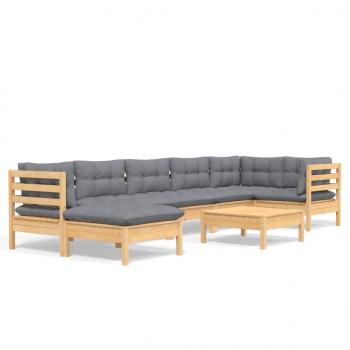 8-tlg. Garten-Lounge-Set mit Grauen Kissen Kiefer Massivholz