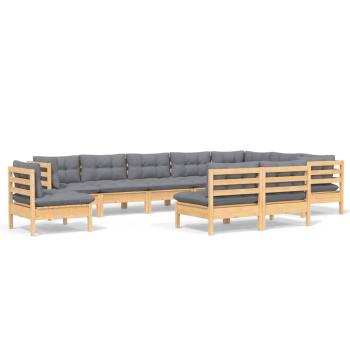 10-tlg. Garten-Lounge-Set mit Grauen Kissen Kiefer Massivholz