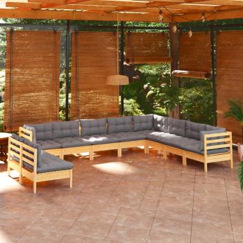 ARDEBO.de - 10-tlg. Garten-Lounge-Set mit Grauen Kissen Massivholz Kiefer