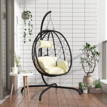 ARDEBO.de - Hängesessel Ei mit Kissen Cremeweiß Poly Rattan & Stahl