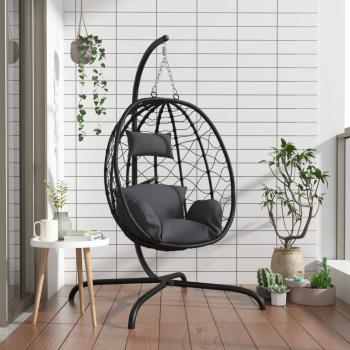 ARDEBO.de - Hängesessel Ei mit Kissen Anthrazit Poly Rattan & Stahl