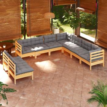 ARDEBO.de - 9-tlg. Garten-Lounge-Set mit Grauen Kissen Massivholz Kiefer