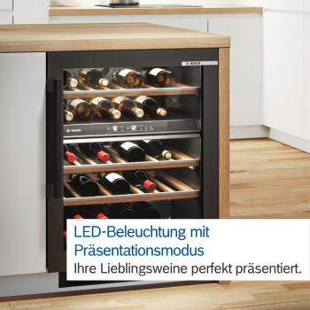 Bosch KWK36ABGA Weinkühlschrank mit Glastür, 199 Flaschen, 60cm breit, zwei Temperaturzonen, LED-Beleuchtung, schwarz