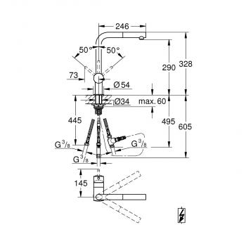 GROHE Minta 31397 Einhand-Spültischbatterie, DN15, Niederdruck, L-Auslauf, herausziehbare Laminarbrause, chrom (31397000)