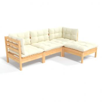 4-tlg. Garten-Lounge-Set mit Creme Kissen Kiefernholz