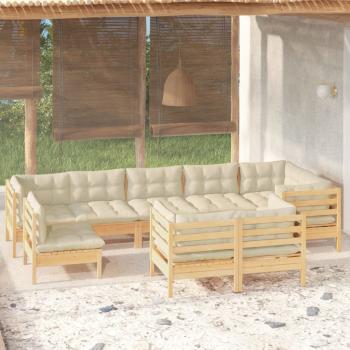 ARDEBO.de - 9-tlg. Garten-Lounge-Set mit Creme Kissen Massivholz Kiefer