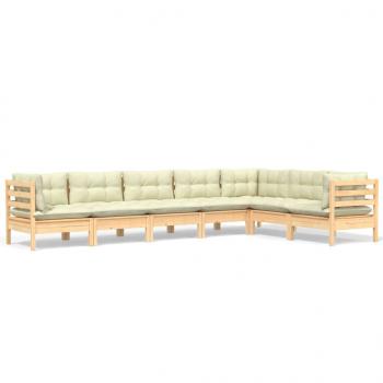 7-tlg. Garten-Lounge-Set mit Creme Kissen Massivholz Kiefer