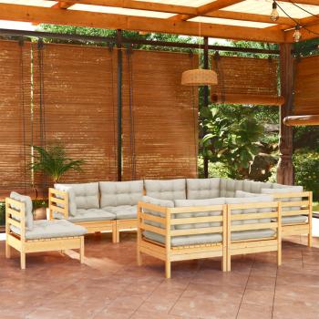 ARDEBO.de - 9-tlg. Garten-Lounge-Set mit Creme Kissen Massivholz Kiefer