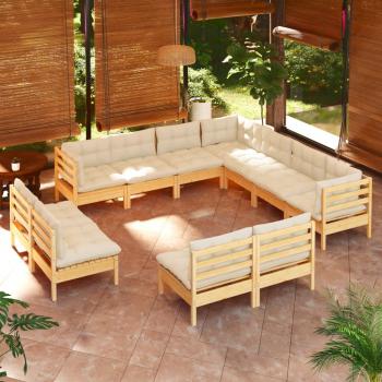 ARDEBO.de - 11-tlg. Garten-Lounge-Set mit Creme Kissen Massivholz Kiefer