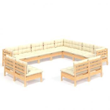 12-tlg. Garten-Lounge-Set mit Creme Kissen Massivholz Kiefer