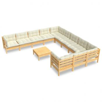 12-tlg. Garten-Lounge-Set mit Creme Kissen Kiefernholz