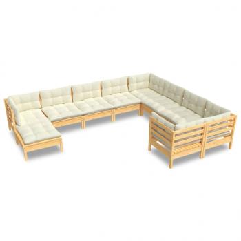 10-tlg. Garten-Lounge-Set mit Creme Kissen Kiefernholz