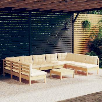 ARDEBO.de - 10-tlg. Garten-Lounge-Set mit Creme Kissen Massivholz Kiefer