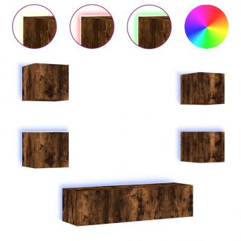 6-tlg. Wohnwand mit LED-Beleuchtung Räuchereiche Holzwerkstoff