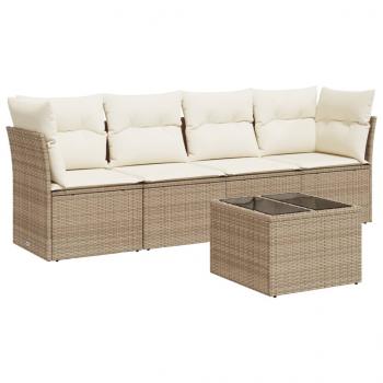 5-tlg. Garten-Sofagarnitur mit Kissen Beige Poly Rattan